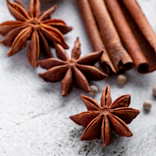 Close-up of star anise and cinnamon sticks