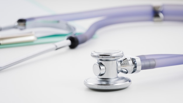 Close-up of stethoscope on white background