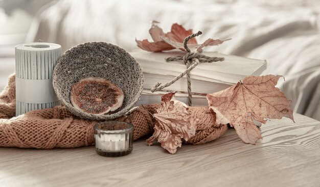 Close-up still lfe with details of autumn decor in the interior of the room.