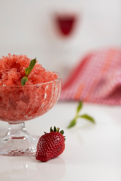 Close up on strawberry granita dessert