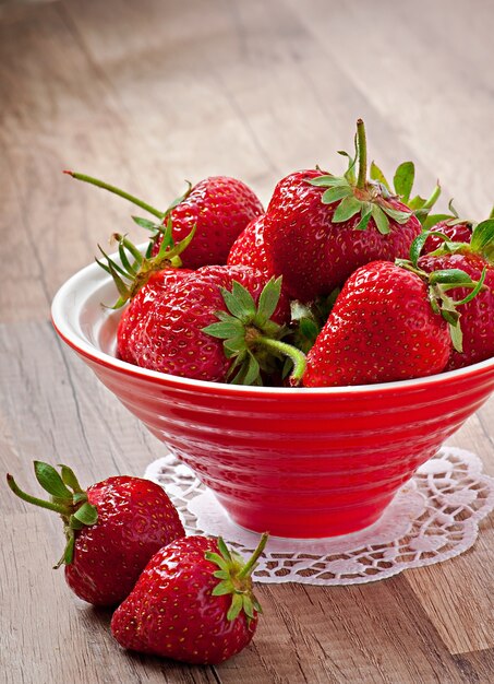 Close up of strawberry on wooden table