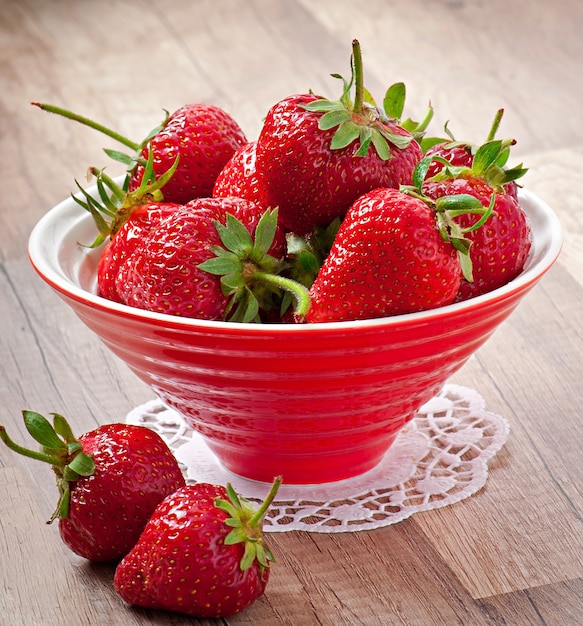 Close up of strawberry on wooden table