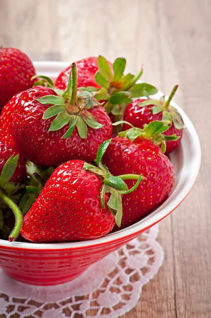 Close up of strawberry on wooden table