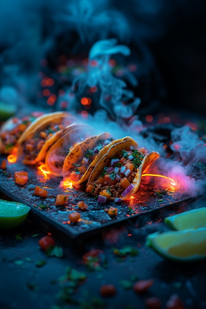 Free photo close up on street food in neon light