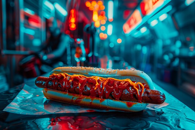 Free photo close up on street food in neon light