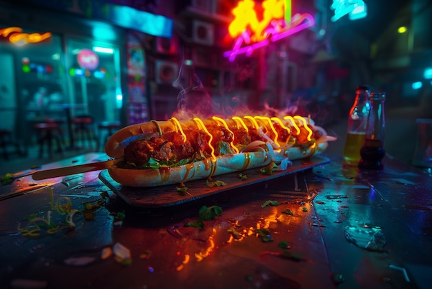 Free photo close up on street food in neon light