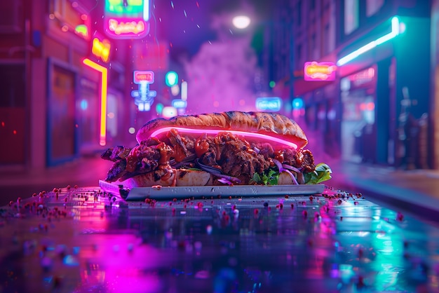 Free photo close up on street food in neon light