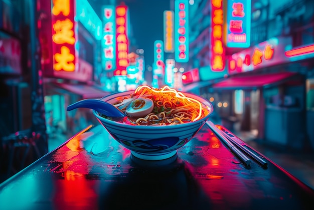 Free photo close up on street food in neon light