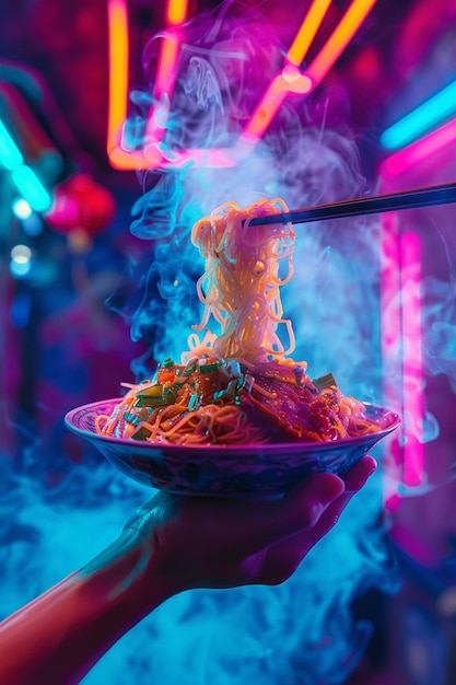 Foto gratuita curiosità sul cibo di strada alla luce del neon