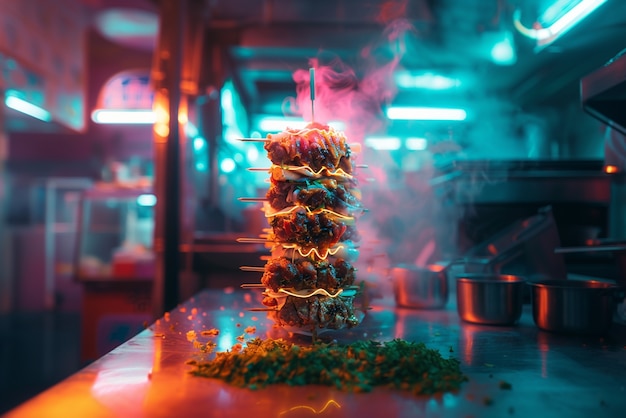 Free photo close up on street food in neon light