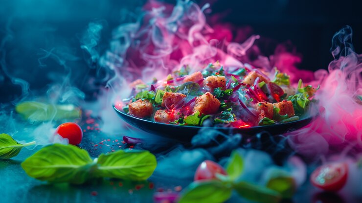 Free Photo close up on street food in neon light