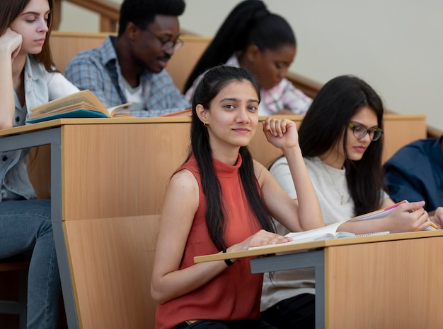 Close up students indoors