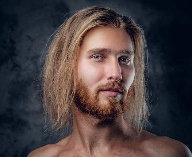 Close up studio portrait of redhead bearded male on grey background.