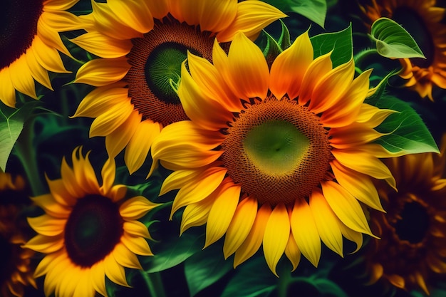 Free photo a close up of a sunflower with the green leaf in the center.