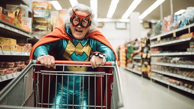 Close up on superhero doing the groceries