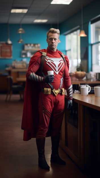 Primo piano sul supereroe che beve caffè
