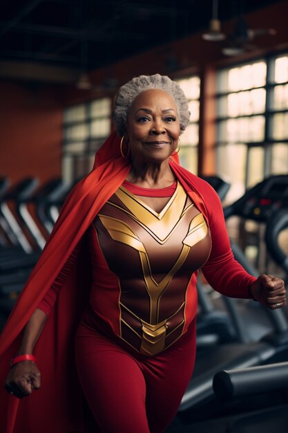 Close up on superhero granny at the gym