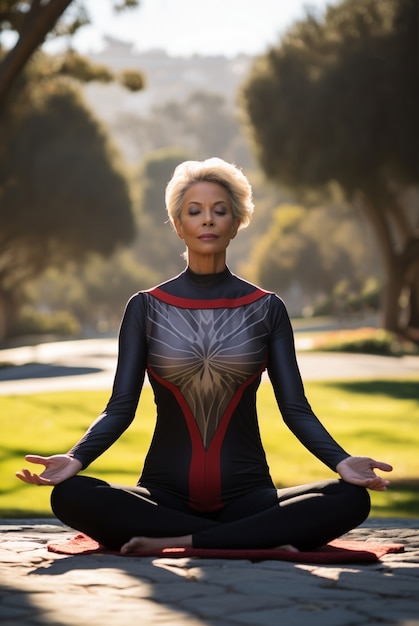 Free photo close up on superhero granny meditating