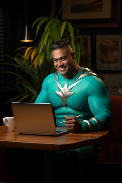 Free photo close up on superhero working on computer