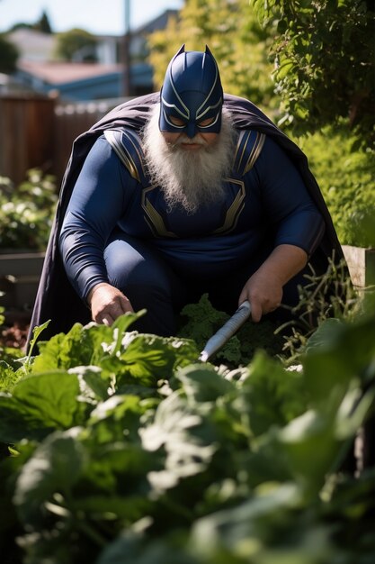 Close up on superhero working in garden