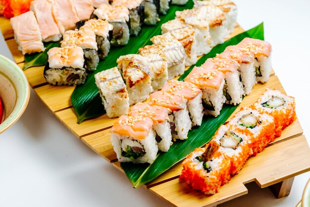 Close up of sushi set with wood sushi board