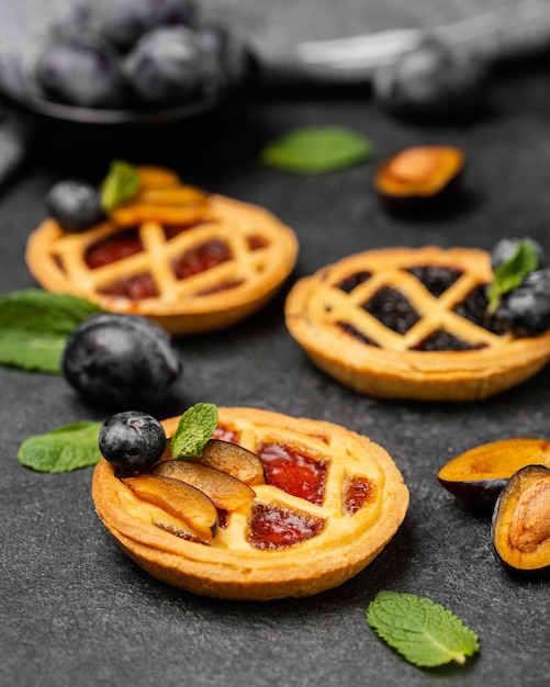 Close-up of sweet pies with fruits