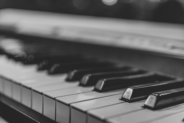 Close up of synthesizer keys with a blurred background.