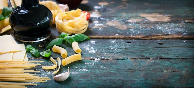 Close-up of table with different types of pasta