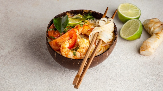 Close-up of tasty arrangement of noodles on a table