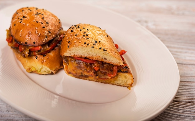 Close-up tasty beef sandwich on a plate