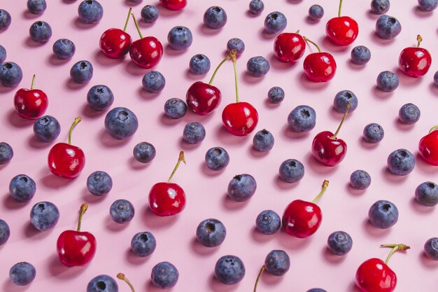 Close-up of tasty blueberries and cherries