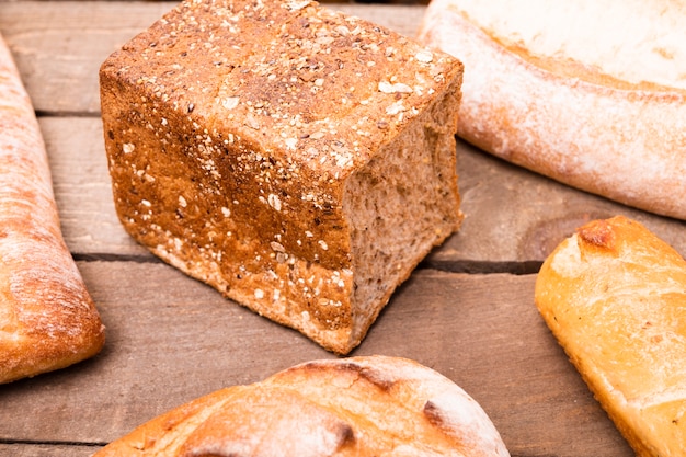 Close-up tasty breads on the table