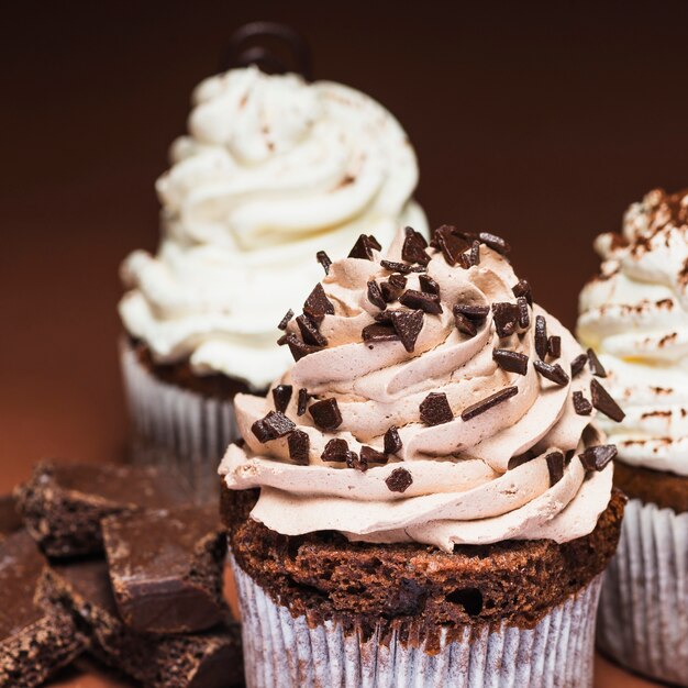 close-up of tasty chocolate cupcakes