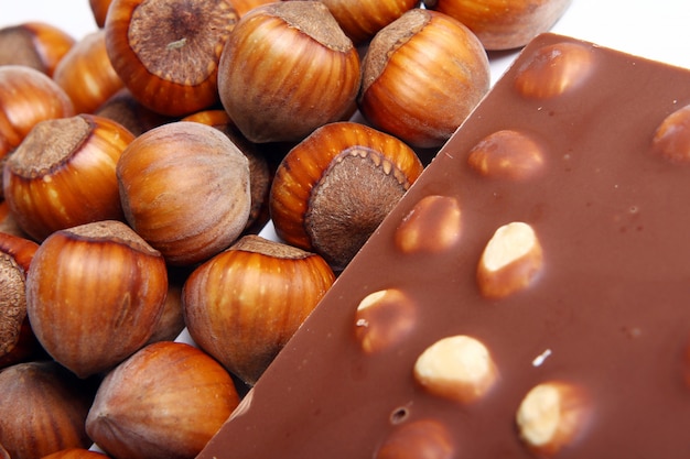 Close up of tasty chocolate with hazelnuts