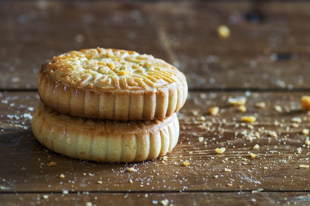 Close-up of tasty cookies on wooden table