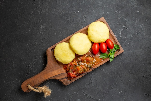 Close up on tasty cutlets chopped vegetables