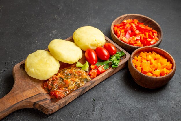 Close up on tasty cutlets chopped vegetables