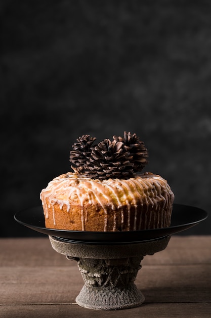 Free photo close-up tasty handmade cake with pine cones