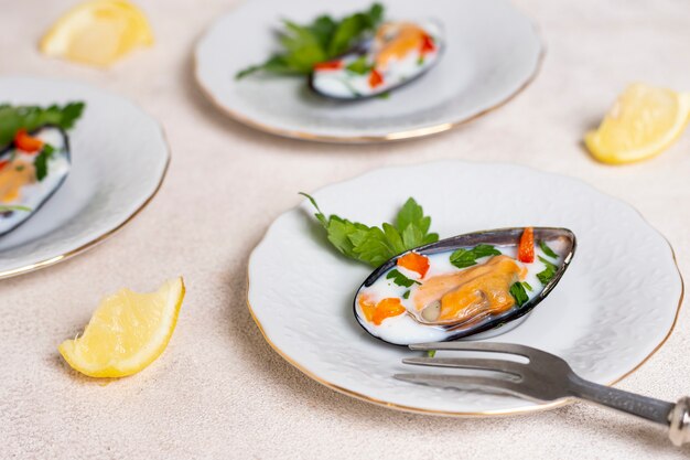 Close-up tasty mussel shells on a plate