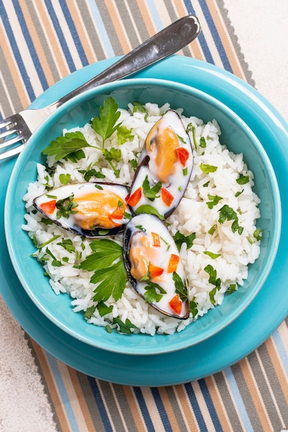 홍합으로 클로즈업 맛있는 쌀