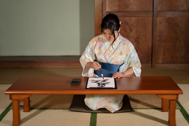 Close up on teacher doing japanese calligraphy, called shodo