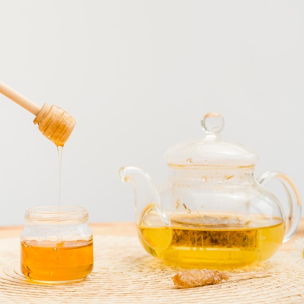 Close-up teapot and honey jar