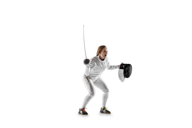 Close up of teen girl in fencing costume with sword in hand isolated on white  background.