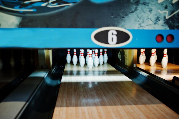 Close up of ten pins at bowling club