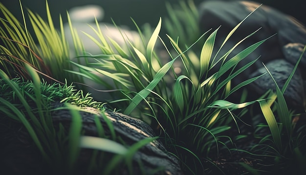 Close up textural green grass in the forest generative Al