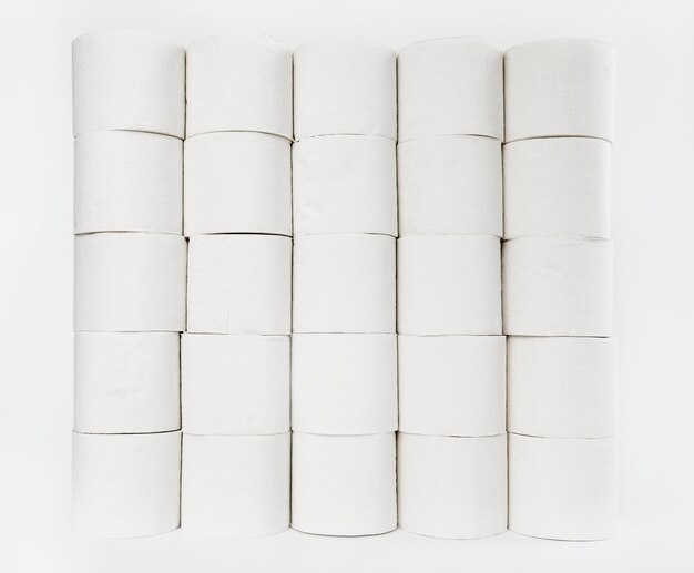 Close-up toilet paper rolls stacked