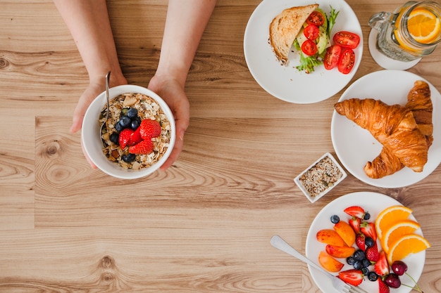 Close-up top view of person having breakfast