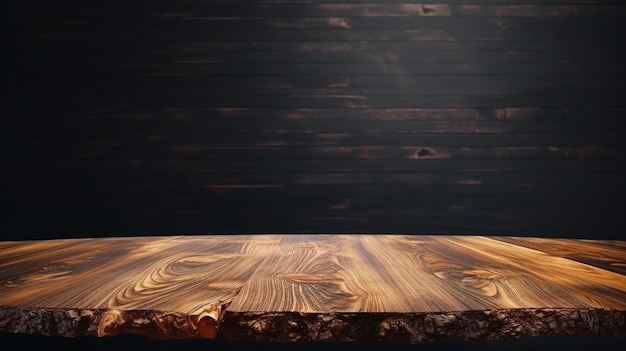 Free photo close up of top wooden table in dark wall background concept for advertising generative ai