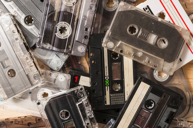 Close-up of transparent cassette tapes