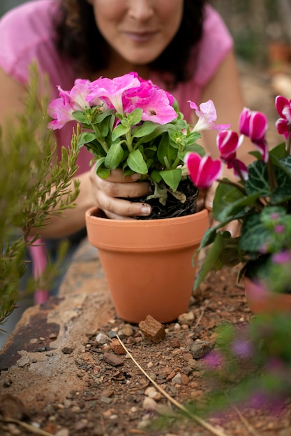 Close up on transplanting process of plants